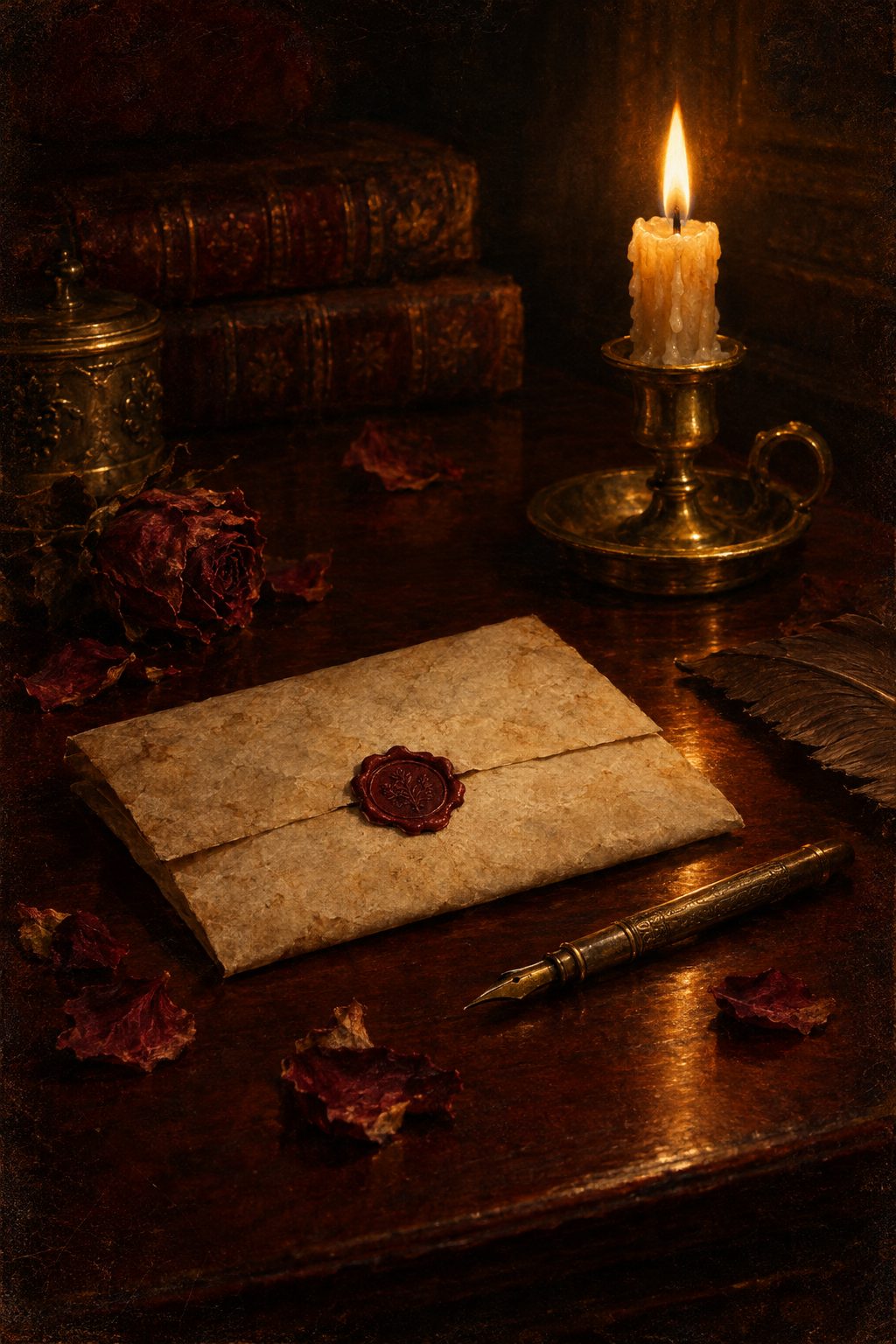 A sealed letter with a red wax seal beside a candle, a fountain pen and dried rose petals on a mahogany desk.